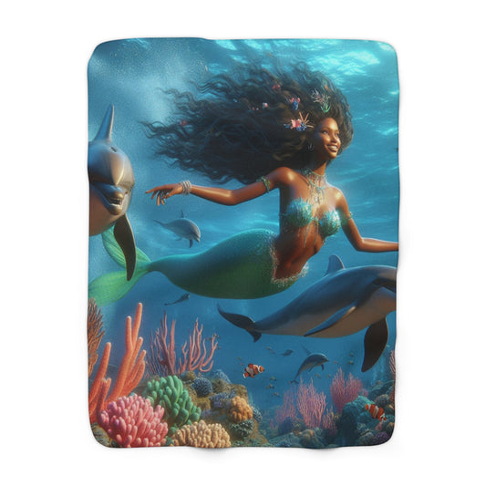 "Mermaid with Dolphins" Sherpa Fleece Blanket
